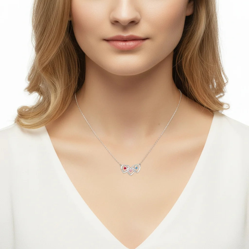 Personalized Interlocking Three Heart Birthstone Necklace – Custom Engraved 925 Sterling Silver Gift for Mom