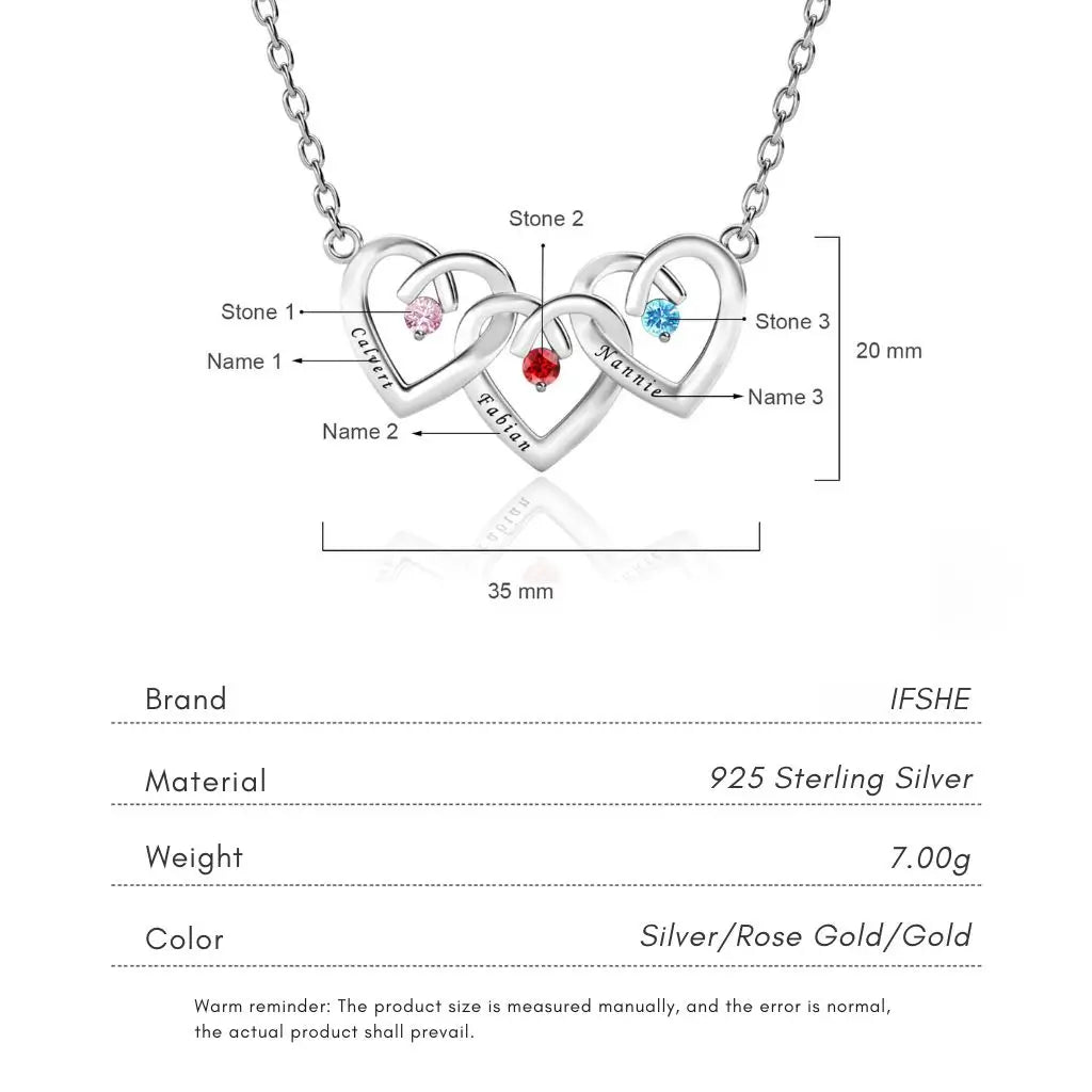 Personalized Interlocking Three Heart Birthstone Necklace – Custom Engraved 925 Sterling Silver Gift for Mom