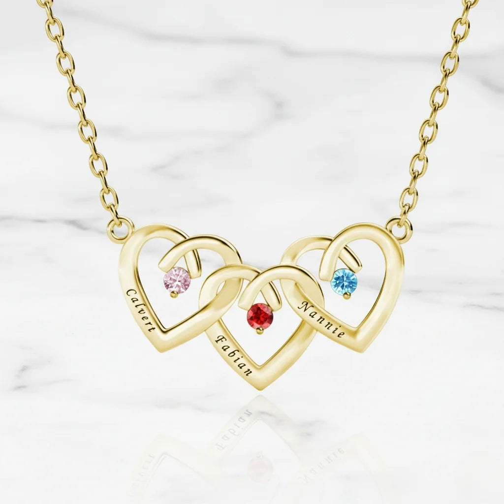 Personalized Interlocking Three Heart Birthstone Necklace – Custom Engraved 925 Sterling Silver Gift for Mom