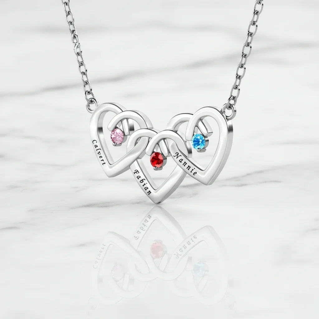 Personalized Interlocking Three Heart Birthstone Necklace – Custom Engraved 925 Sterling Silver Gift for Mom