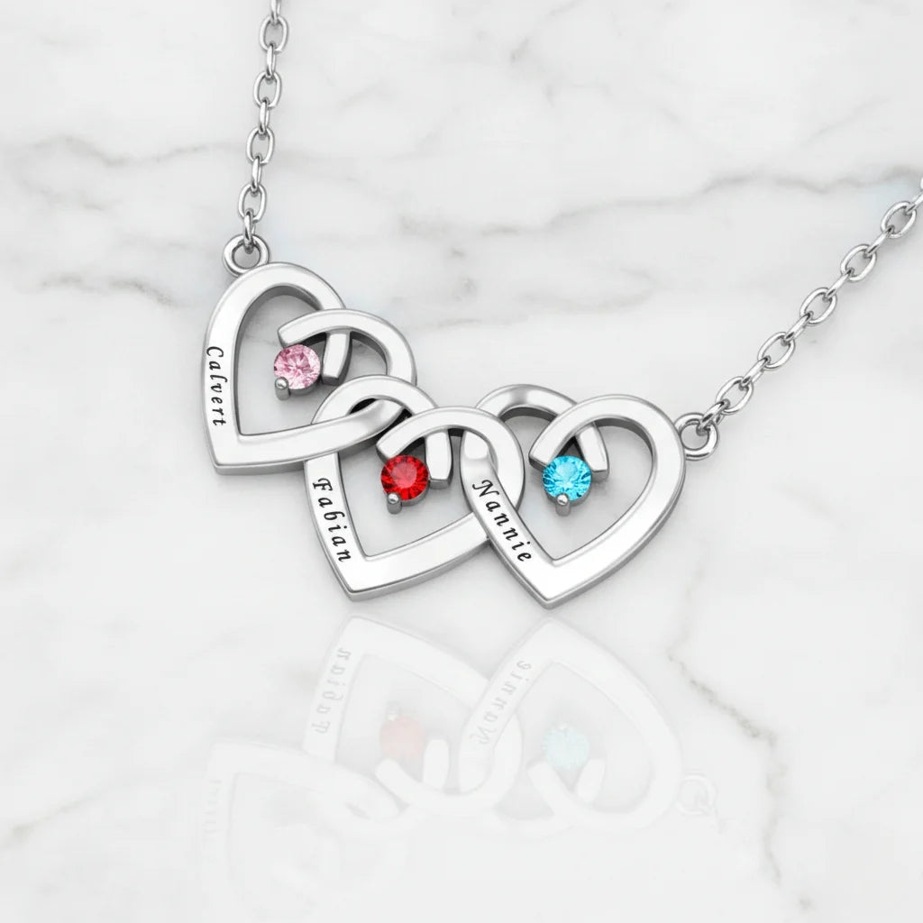 Personalized Interlocking Three Heart Birthstone Necklace – Custom Engraved 925 Sterling Silver Gift for Mom