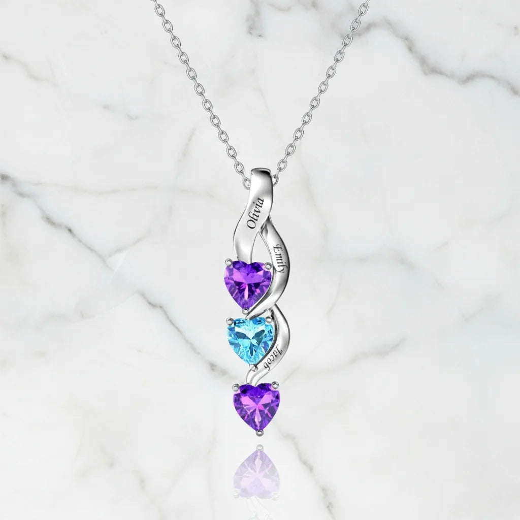 Personalized Intertwined Hearts Necklace for Mom - 3 Birthstones & Names