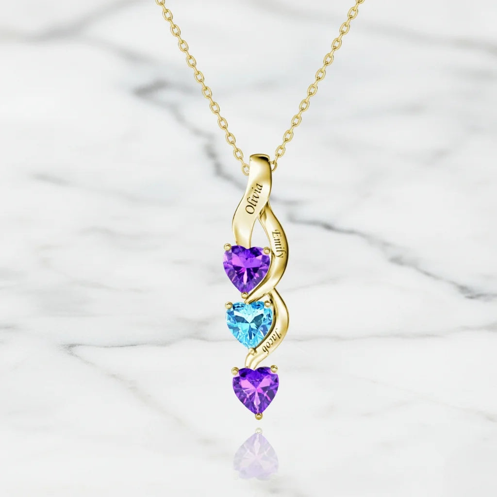 Personalized Intertwined Hearts Necklace for Mom - 3 Birthstones & Names