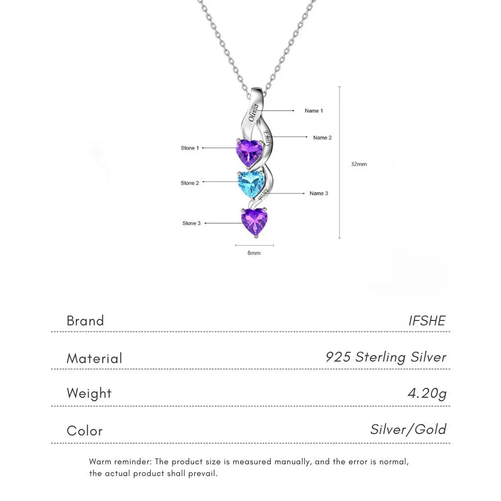Personalized Intertwined Hearts Necklace for Mom - 3 Birthstones & Names