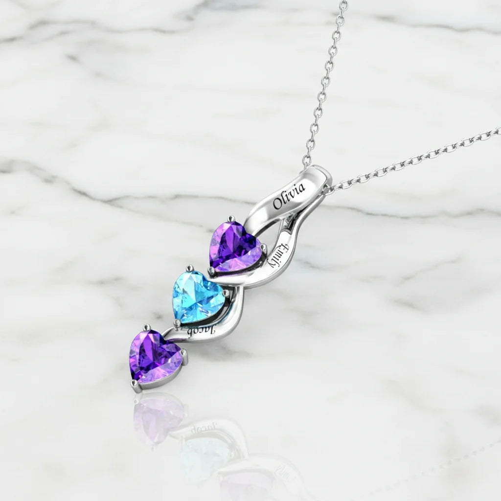 Personalized Intertwined Hearts Necklace for Mom - 3 Birthstones & Names