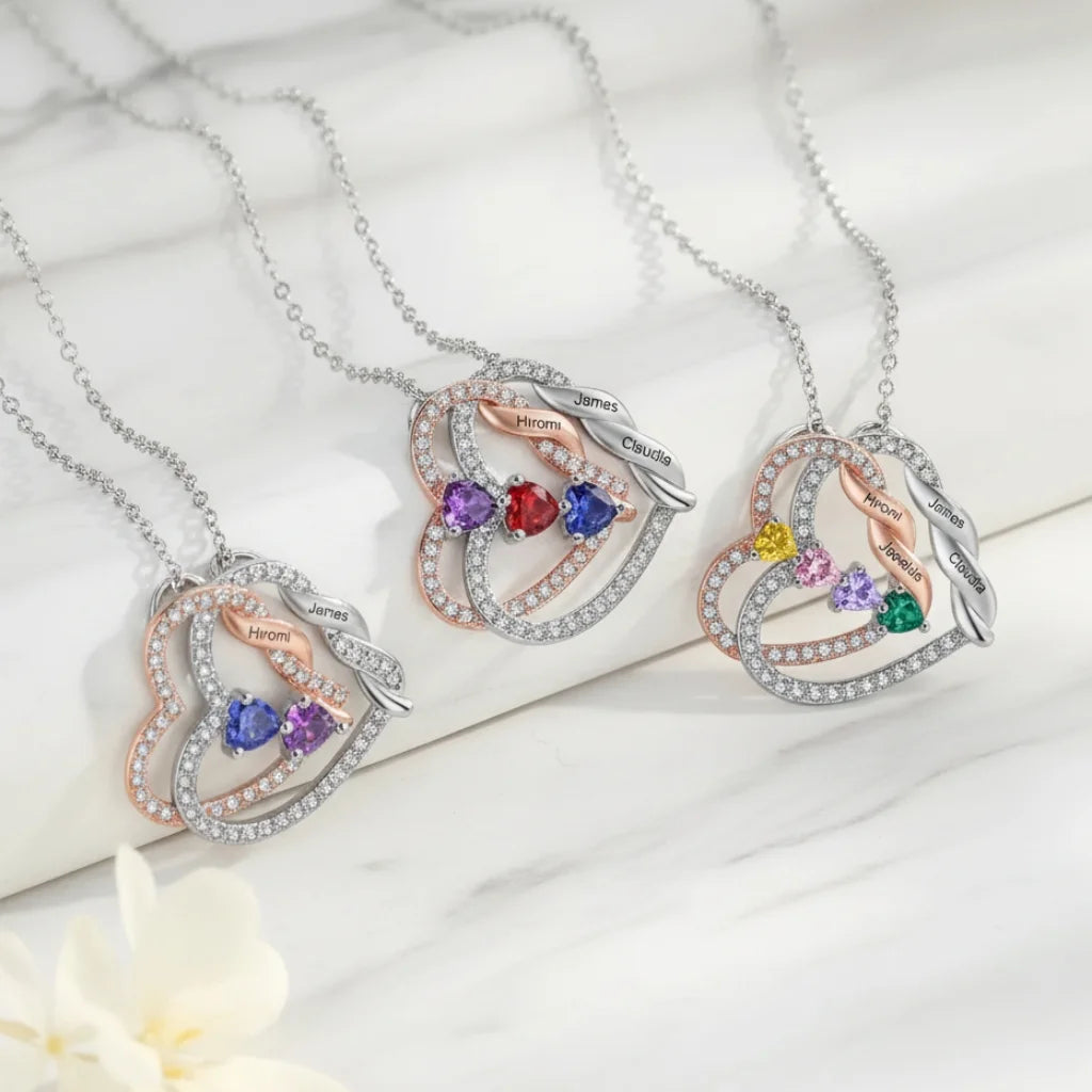 Personalized Intertwined Hearts Necklace with Birthstones & Engraved Names