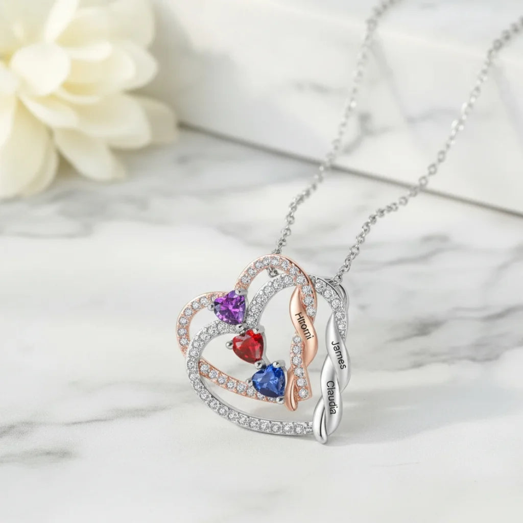 Personalized Intertwined Hearts Necklace with Birthstones & Engraved Names
