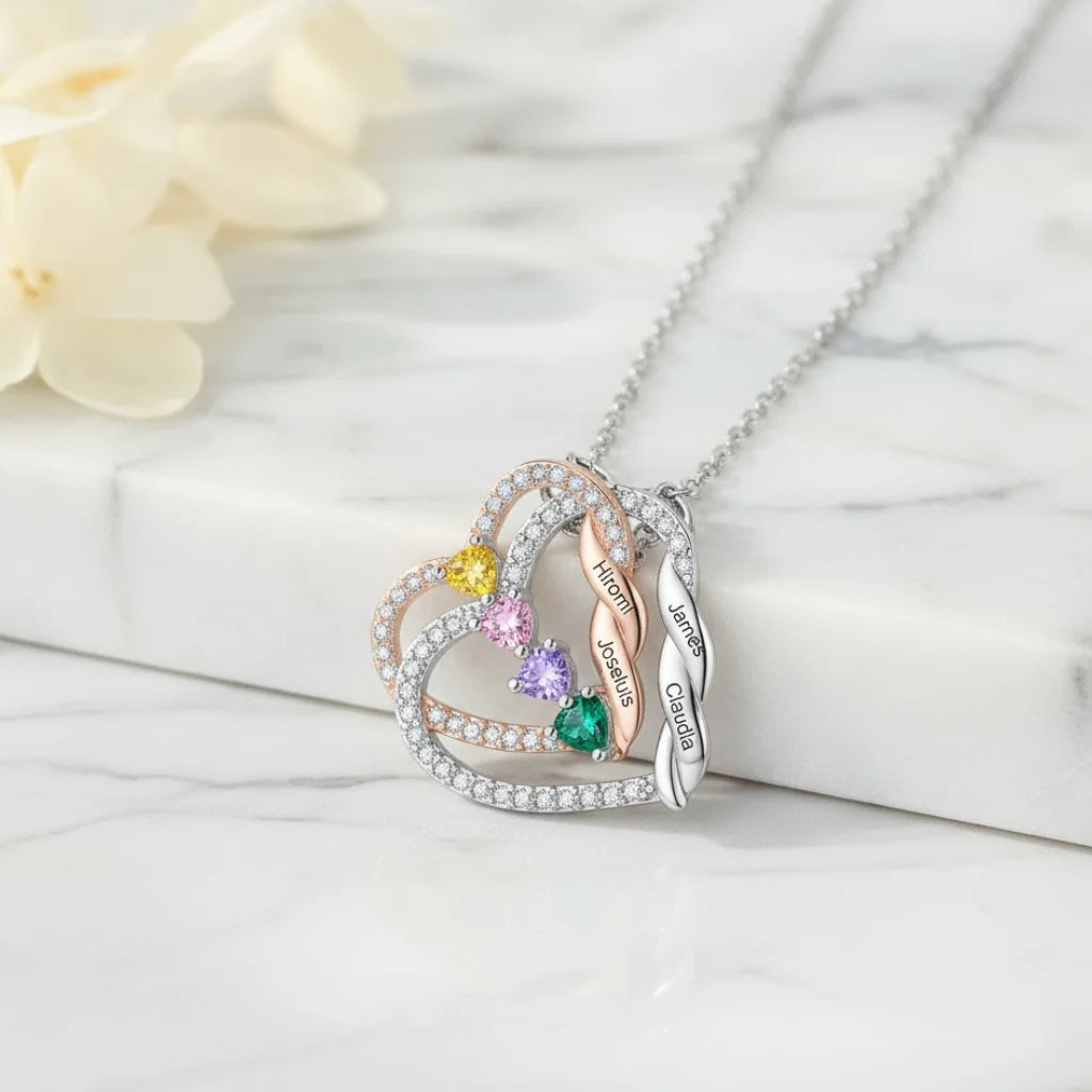 Personalized Intertwined Hearts Necklace with Birthstones & Engraved Names