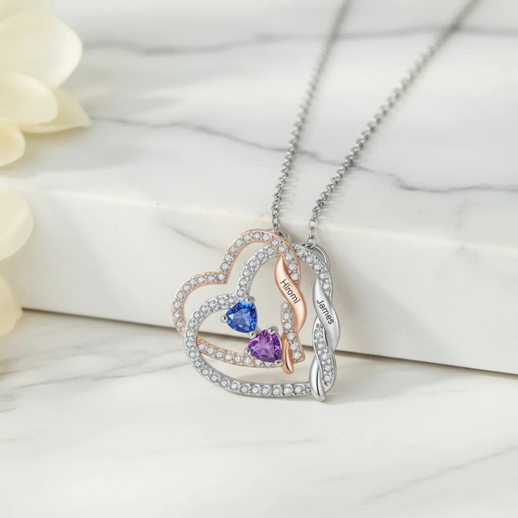 Personalized Intertwined Hearts Necklace with Birthstones & Engraved Names