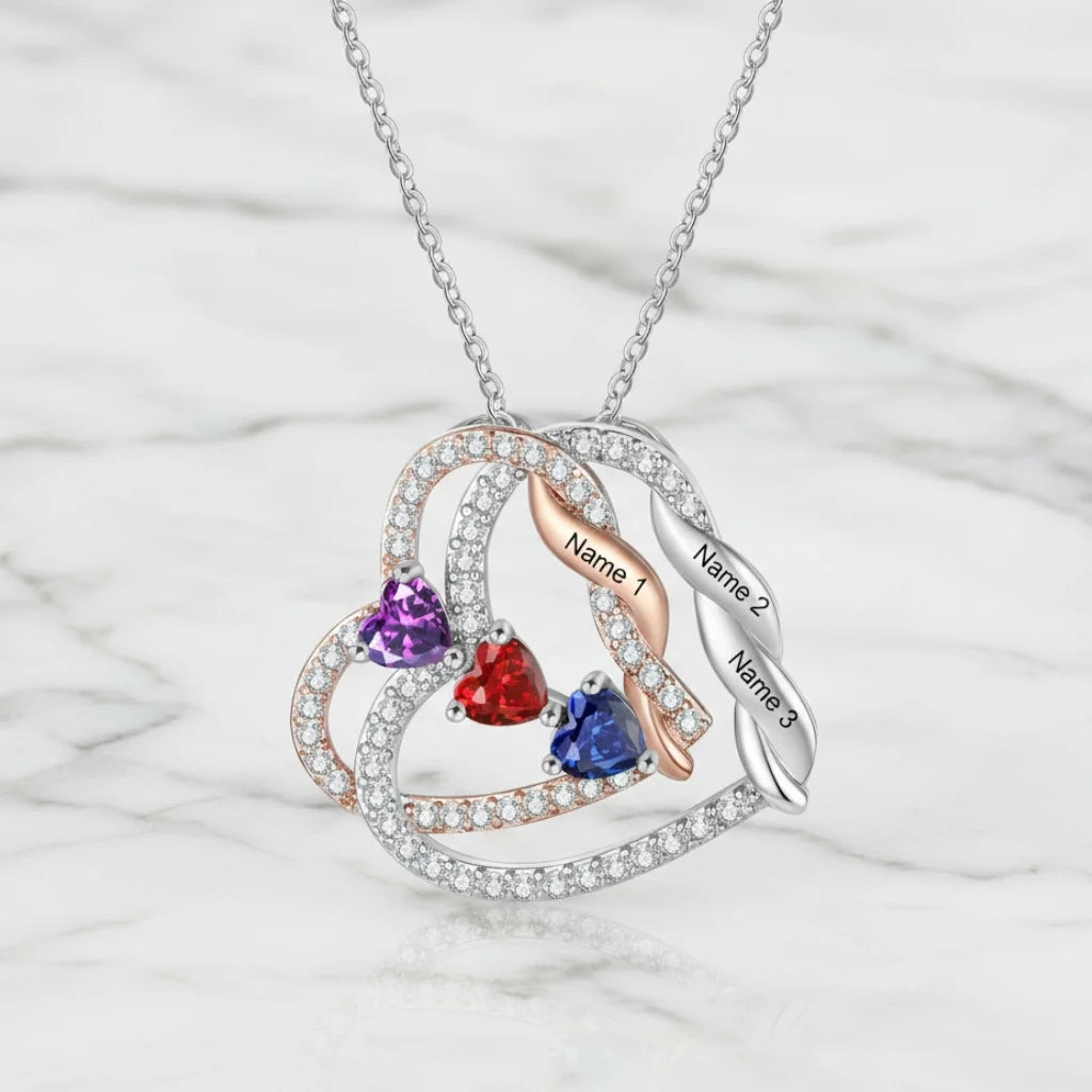 Personalized Intertwined Hearts Necklace with Birthstones & Engraved Names