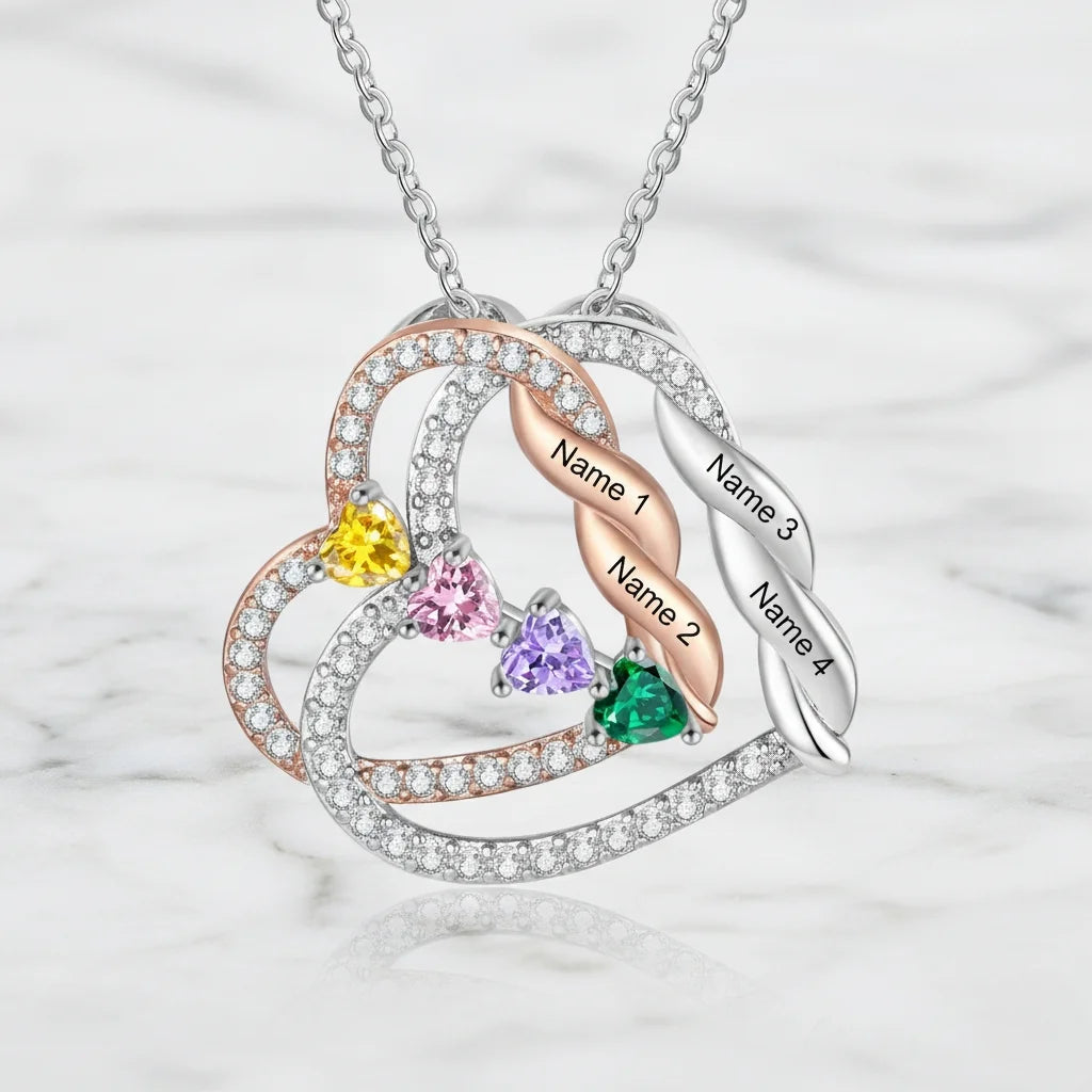 Personalized Intertwined Hearts Necklace with Birthstones & Engraved Names