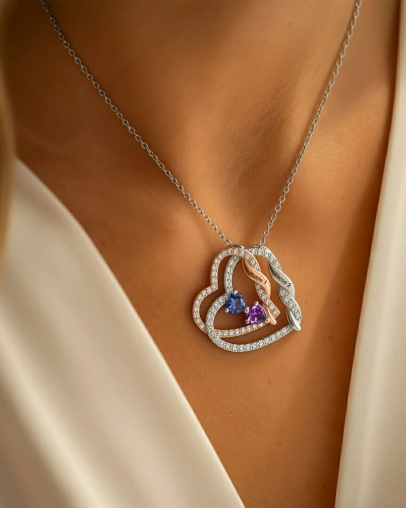 Personalized Intertwined Hearts Necklace with Birthstones & Engraved Names IfShe Jewelry