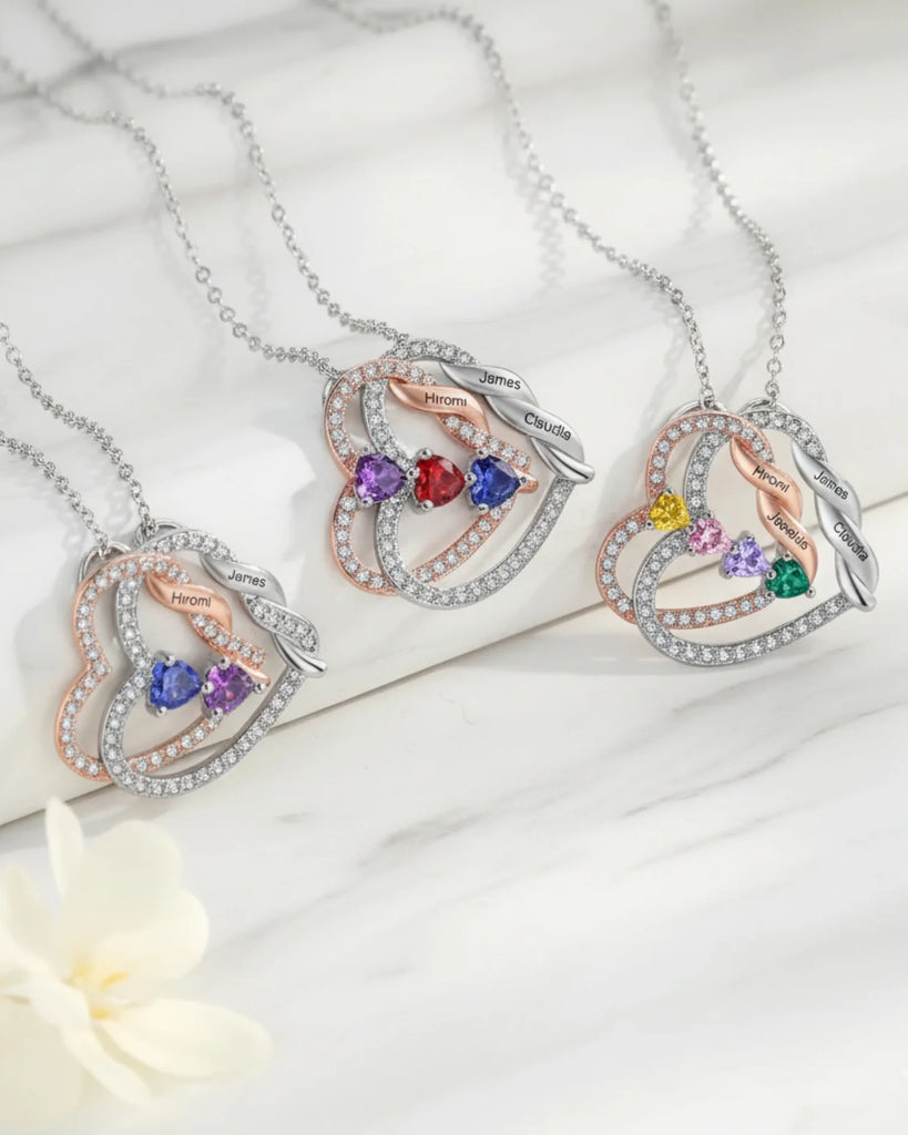 Personalized Intertwined Hearts Necklace with Birthstones & Engraved Names IfShe Jewelry