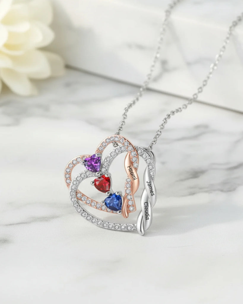 Personalized Intertwined Hearts Necklace with Birthstones & Engraved Names IfShe Jewelry