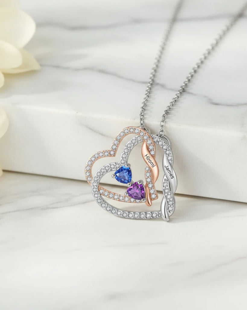 Personalized Intertwined Hearts Necklace with Birthstones & Engraved Names IfShe Jewelry