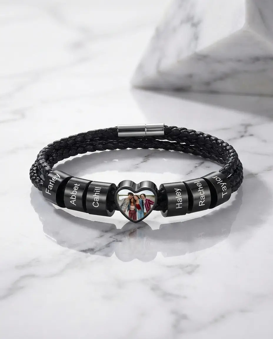 Personalized Men's Braided Photo Bracelet - Custom Family Beads IfShe Jewelry