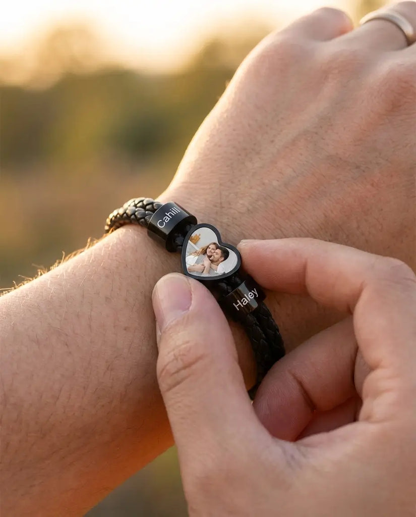 Personalized Men's Braided Photo Bracelet - Custom Family Beads IfShe Jewelry