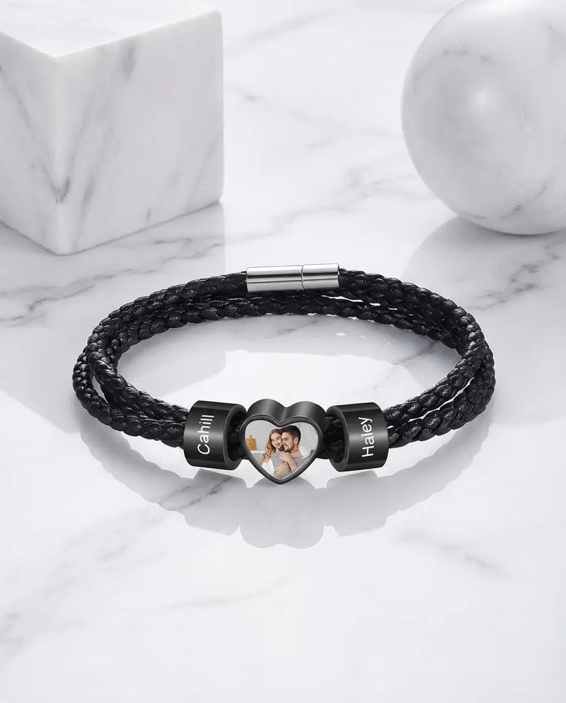 Personalized Men's Braided Photo Bracelet - Custom Family Beads IfShe Jewelry