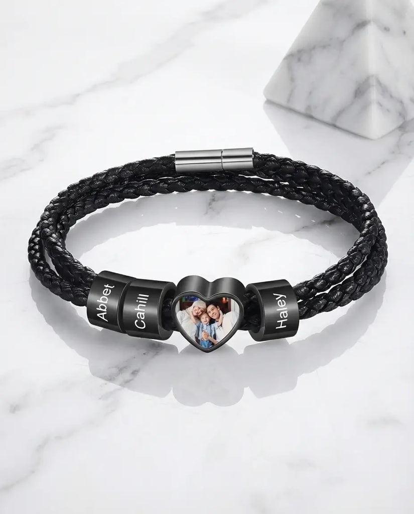 Personalized Men's Braided Photo Bracelet - Custom Family Beads IfShe Jewelry