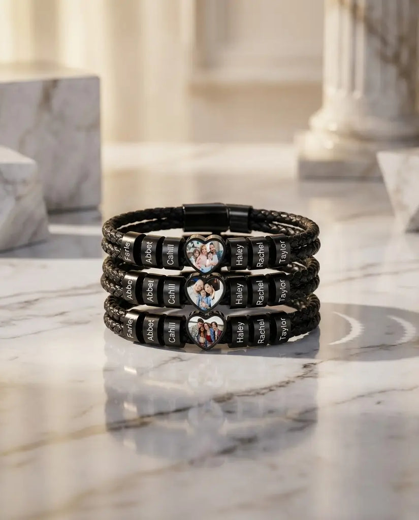 Personalized Men's Braided Photo Bracelet - Custom Family Beads IfShe Jewelry