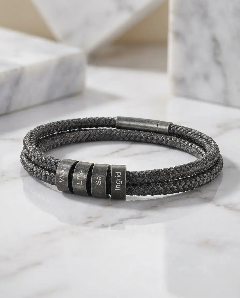 Personalized Men's Braided Rope Bracelet - Custom Engraved Name Beads IfShe Jewelry
