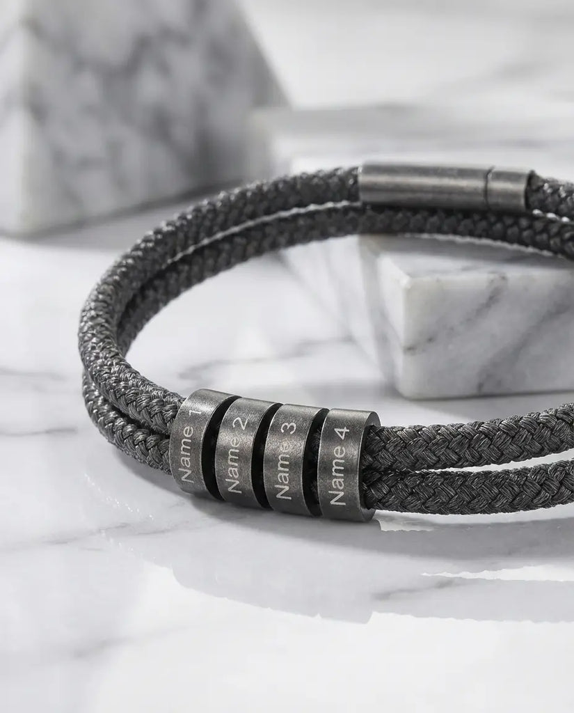 Personalized Men's Braided Rope Bracelet - Custom Engraved Name Beads IfShe Jewelry