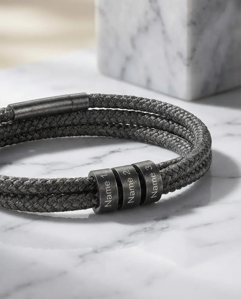 Personalized Men's Braided Rope Bracelet - Custom Engraved Name Beads IfShe Jewelry