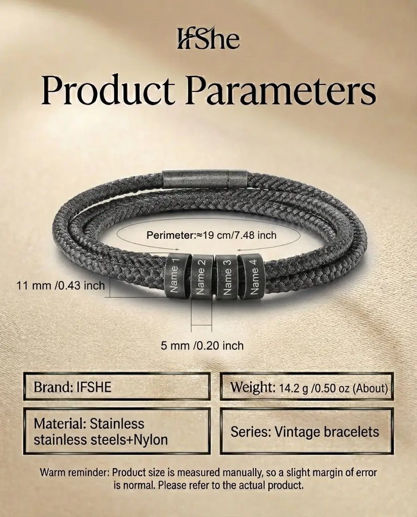 Personalized Men's Braided Rope Bracelet - Custom Engraved Name Beads IfShe Jewelry