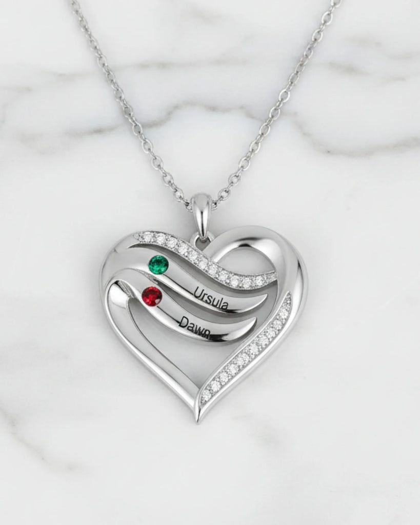 Personalized Name Engraved Heart Necklace for Mom with 2-5 Children's Birthstones, 925 Sterling Silver/Copper