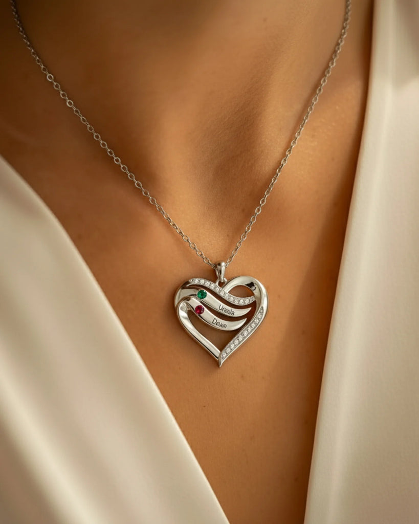Personalized Name Engraved Heart Necklace for Mom with 2-5 Children's Birthstones, 925 Sterling Silver/Copper