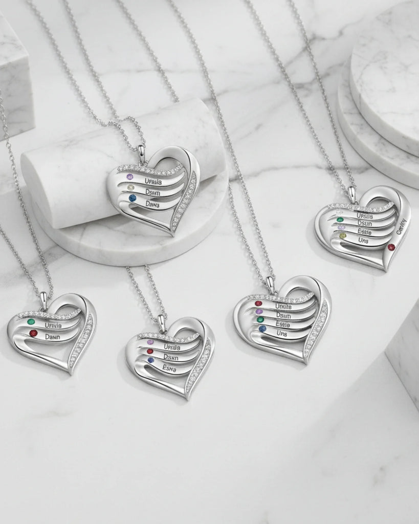 Personalized Name Engraved Heart Necklace for Mom with 2-5 Children's Birthstones, 925 Sterling Silver/Copper