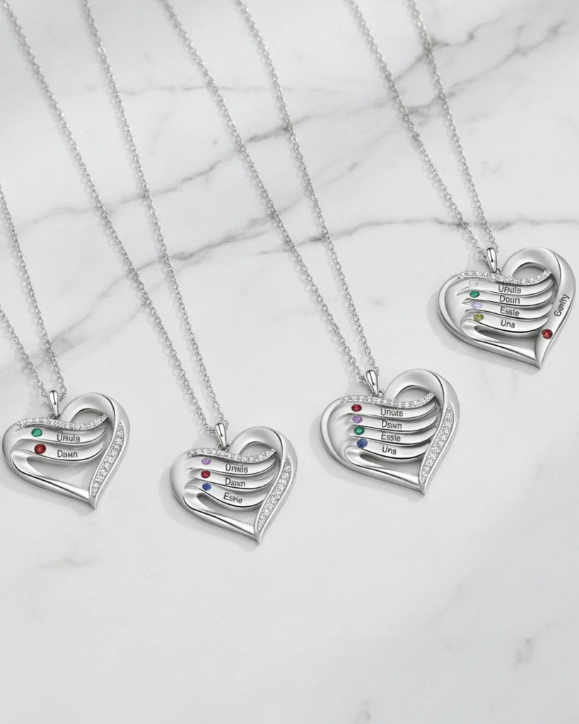 Personalized Name Engraved Heart Necklace for Mom with 2-5 Children's Birthstones, 925 Sterling Silver/Copper
