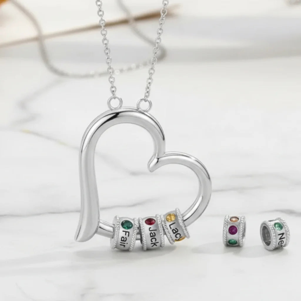 Personalized Open Heart Mother's Necklace with Custom Name and Birthstone Beads