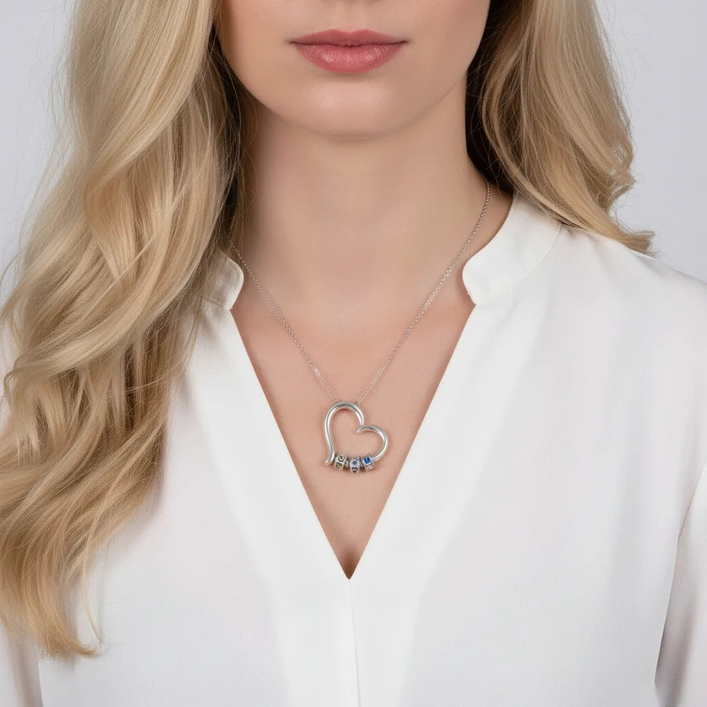 Personalized Open Heart Mother's Necklace with Custom Name and Birthstone Beads