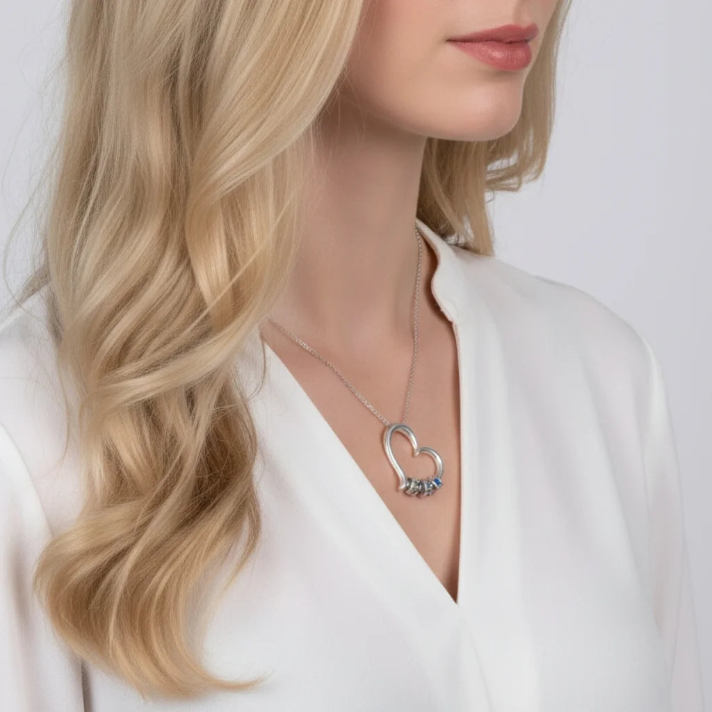 Personalized Open Heart Mother's Necklace with Custom Name and Birthstone Beads