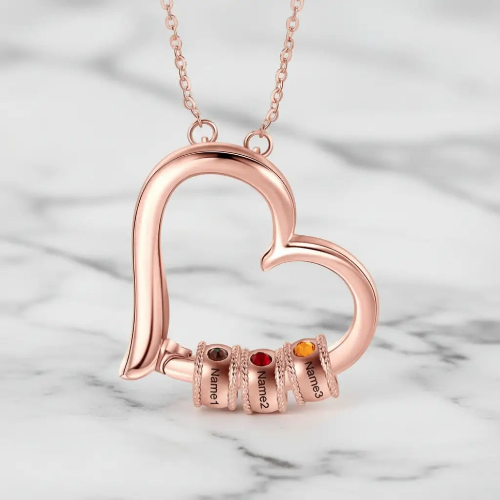 Personalized Open Heart Mother's Necklace with Custom Name and Birthstone Beads