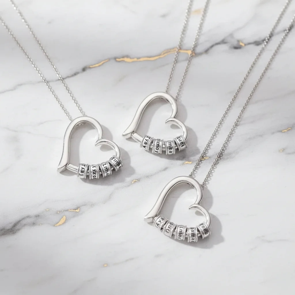 Personalized Open Heart Mother's Necklace with Custom Name and Birthstone Beads