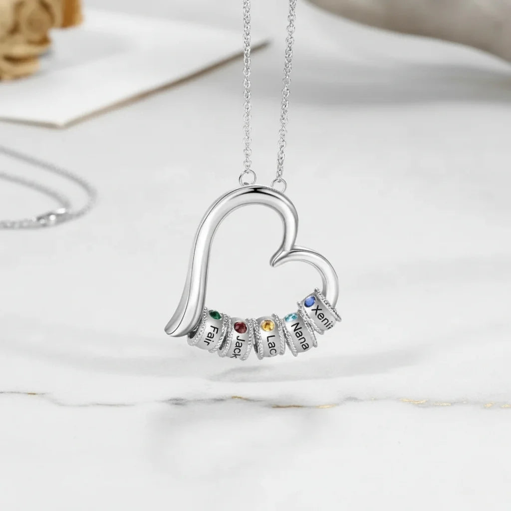 Personalized Open Heart Mother's Necklace with Custom Name and Birthstone Beads