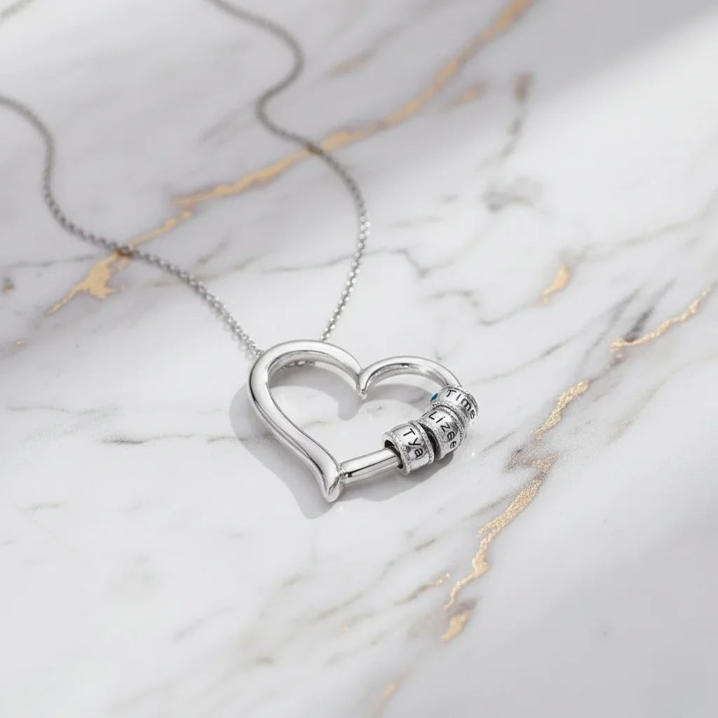 Personalized Open Heart Mother's Necklace with Custom Name and Birthstone Beads