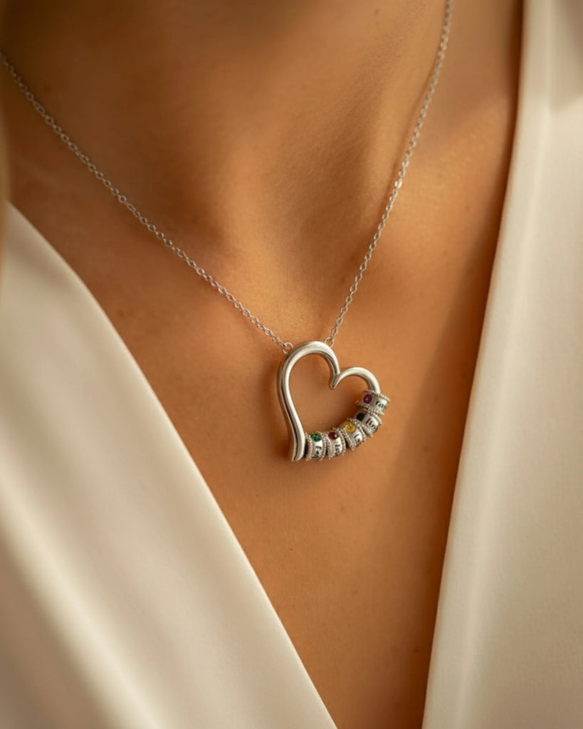 Personalized Open Heart Mother's Necklace with Custom Name and Birthstone Beads IfShe Jewelry