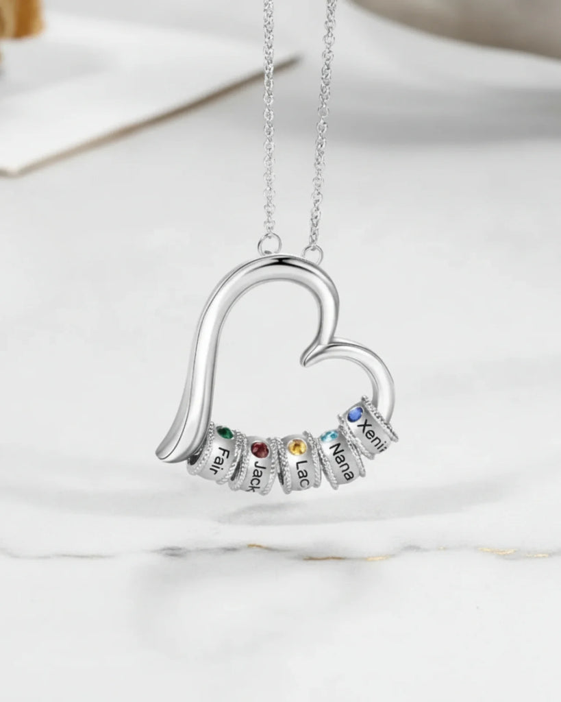 Personalized Open Heart Mother's Necklace with Custom Name and Birthstone Beads IfShe Jewelry
