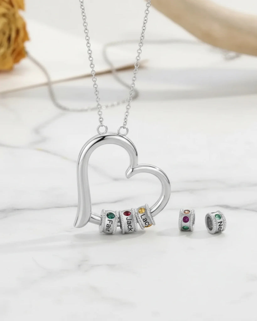 Personalized Open Heart Mother's Necklace with Custom Name and Birthstone Beads IfShe Jewelry