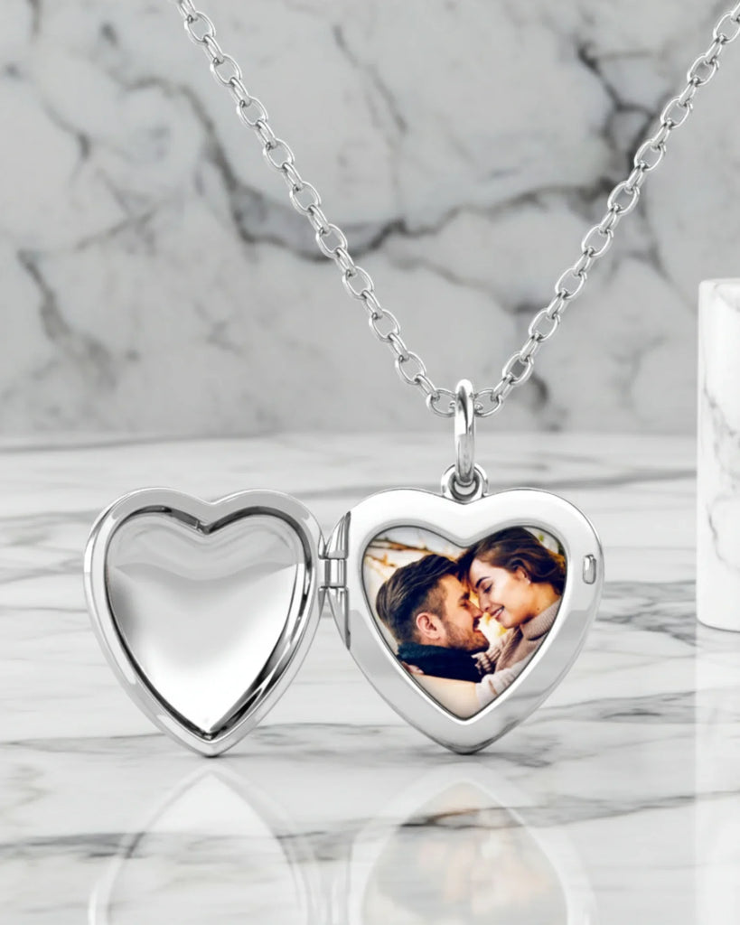 Personalized Photo Heart Locket Necklace with Birthstone & Engraving in 925 Sterling Silver