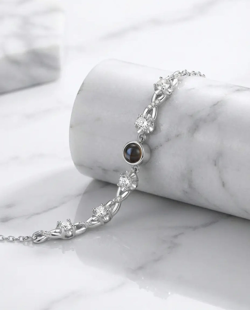 Personalized Photo Projection Bracelet - Floral Silver Charm with Hidden Picture IfShe Jewelry