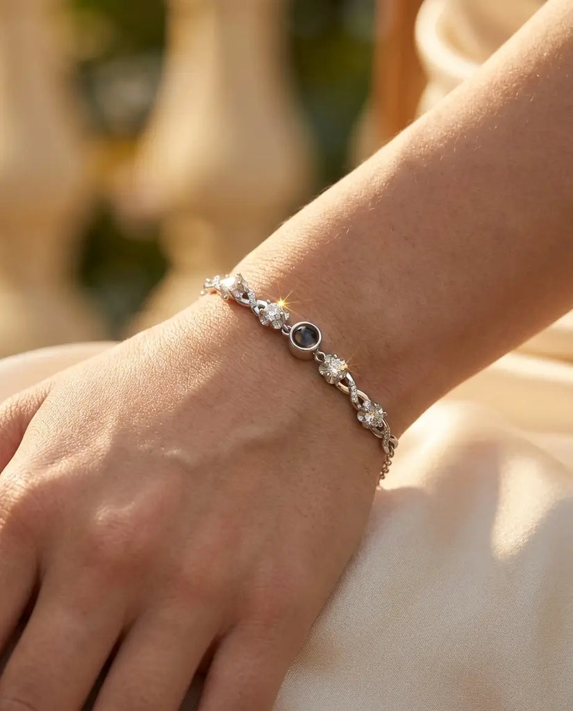 Personalized Photo Projection Bracelet - Floral Silver Charm with Hidden Picture IfShe Jewelry