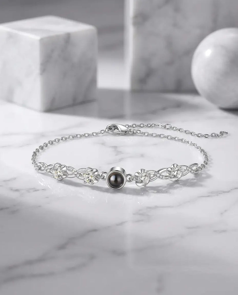 Personalized Photo Projection Bracelet - Floral Silver Charm with Hidden Picture IfShe Jewelry