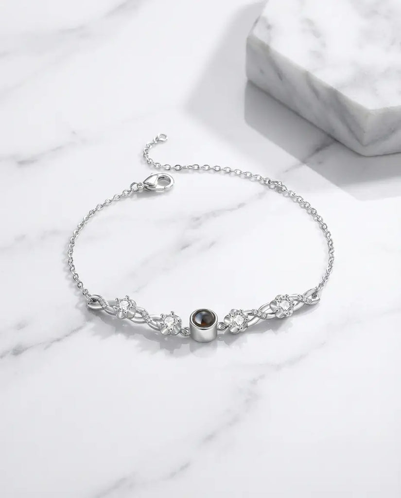 Personalized Photo Projection Bracelet - Floral Silver Charm with Hidden Picture IfShe Jewelry