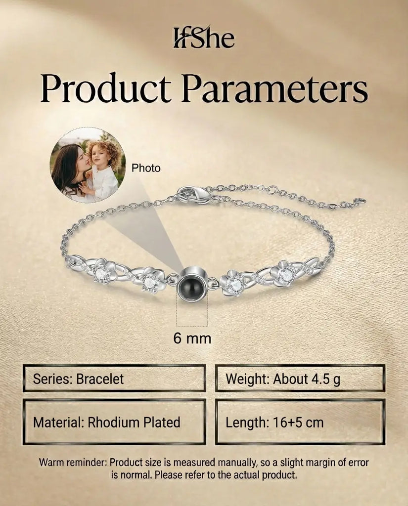 Personalized Photo Projection Bracelet - Floral Silver Charm with Hidden Picture IfShe Jewelry