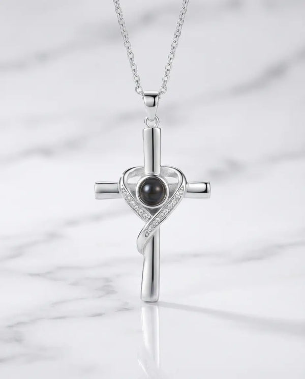 Personalized Photo Projection Necklace - Heart Wrapped Cross Pendant IfShe Jewelry