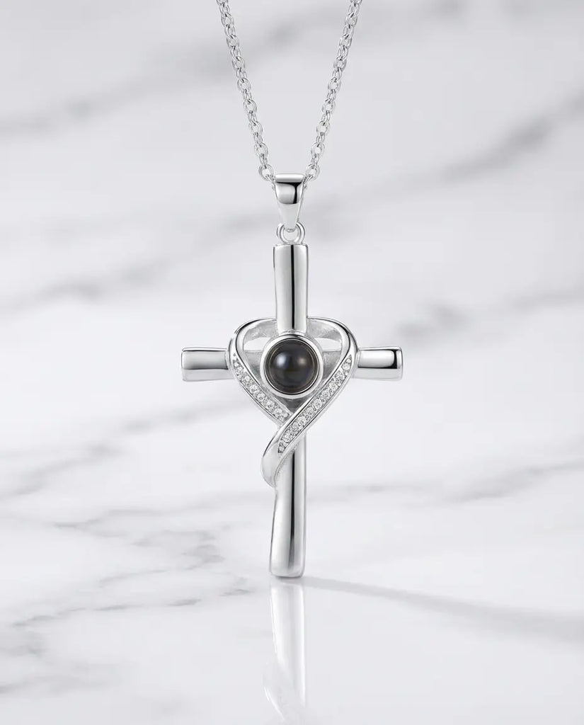 Personalized Photo Projection Necklace - Heart Wrapped Cross Pendant IfShe Jewelry